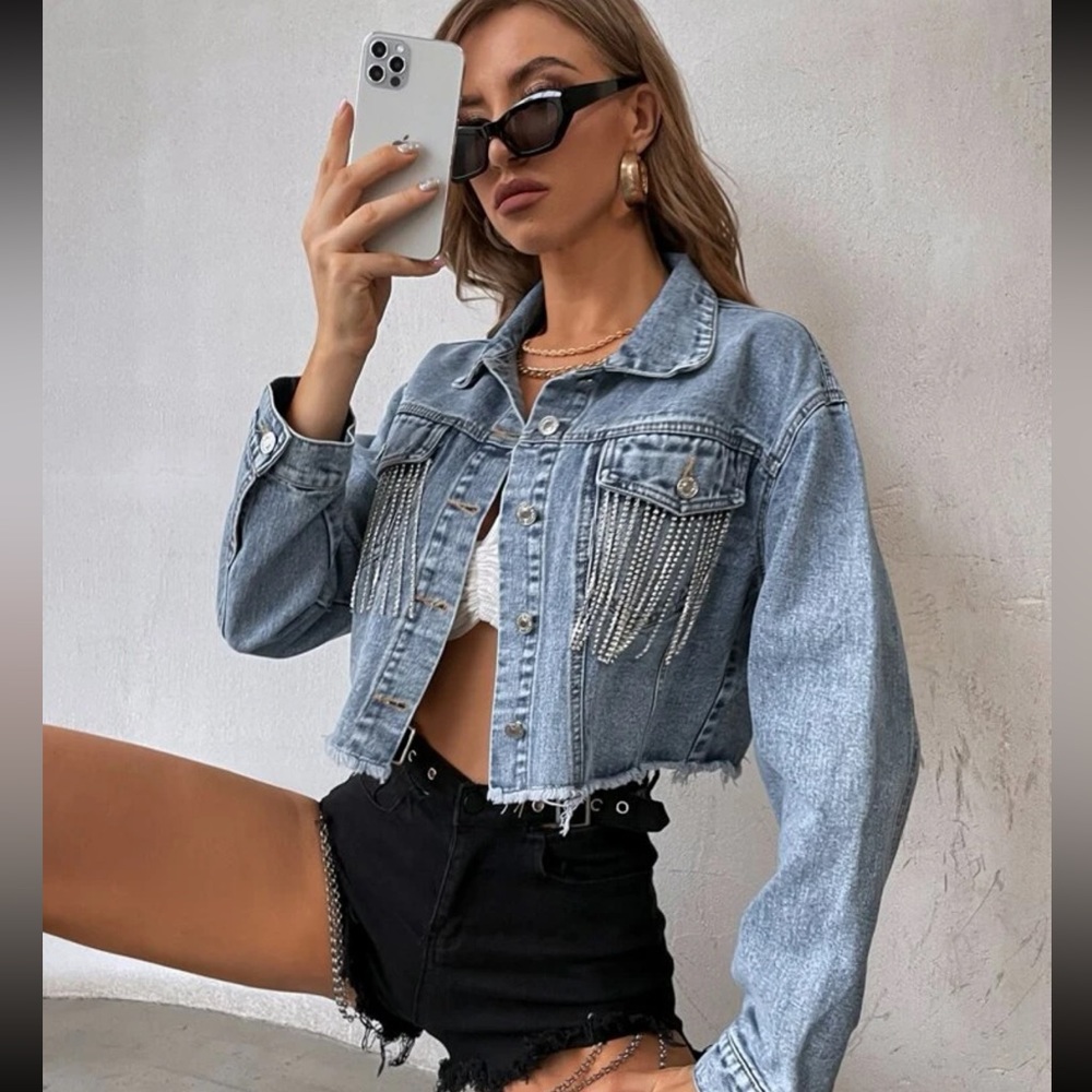 Shein cut raw rhinestone women size small denim jacket new with tags!